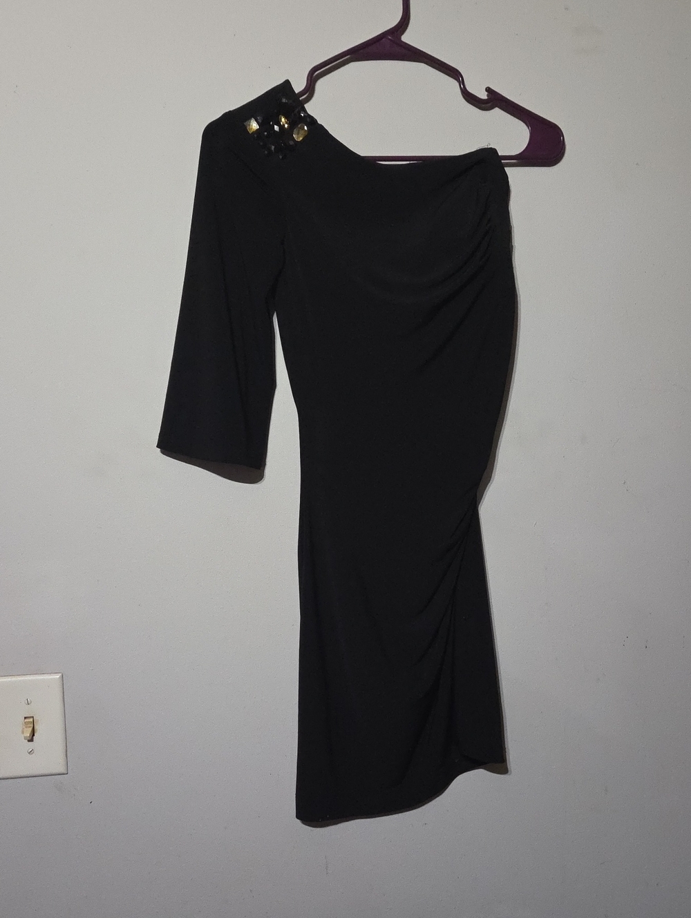 Sequin Hearts Black One-Shoulder Evening Dress with Embellished Shoulder